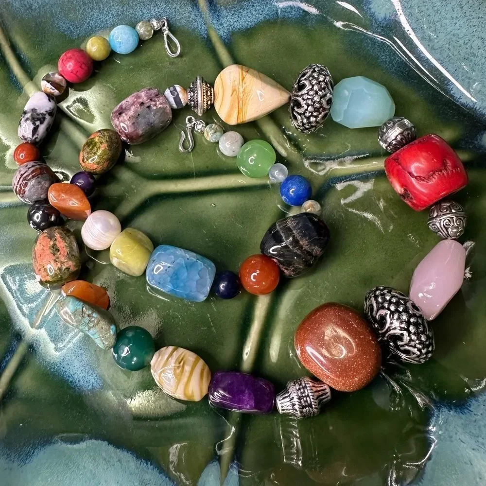 Handmade Genuine Multi Gemstone Chunky Beads Blessingway Necklace 22” 925 Silver